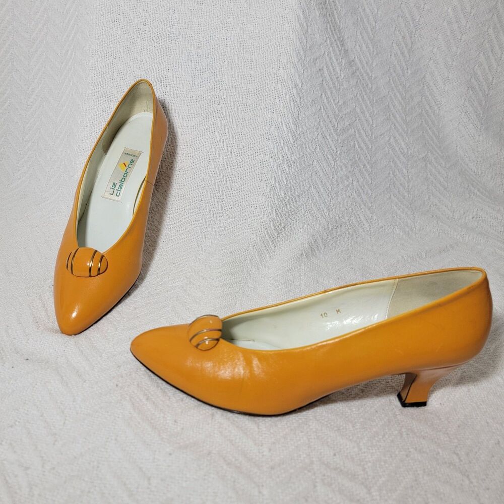 Vintage Liz Claiborne Made In Spain Yellow Leather Pumps Poined Toe Size 10